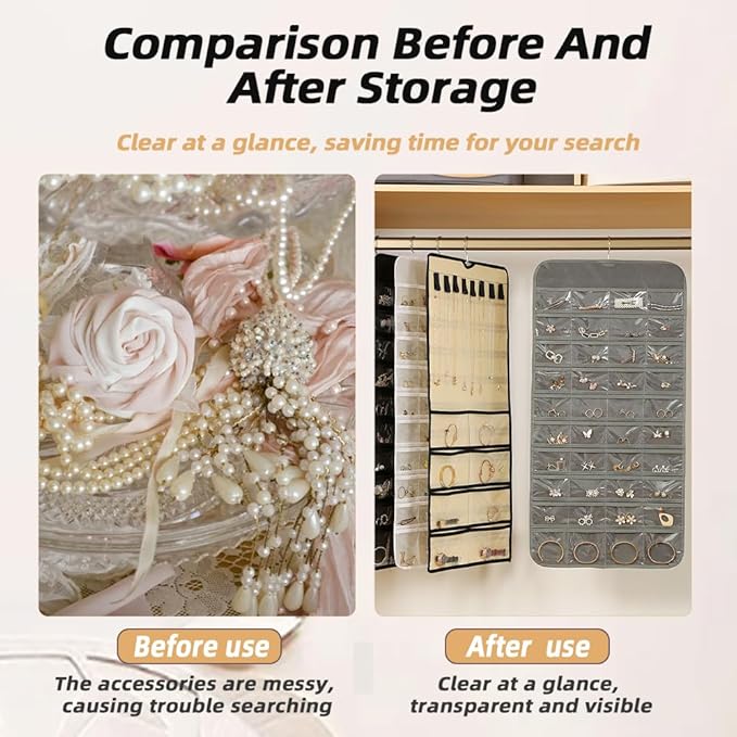 Hanging Jewelry Organizer Storage Earring Jewelry Storage Bag With 48 Pockets Necklace Bracelet Ring Glasses Accessory Display Rack (A48- Black)