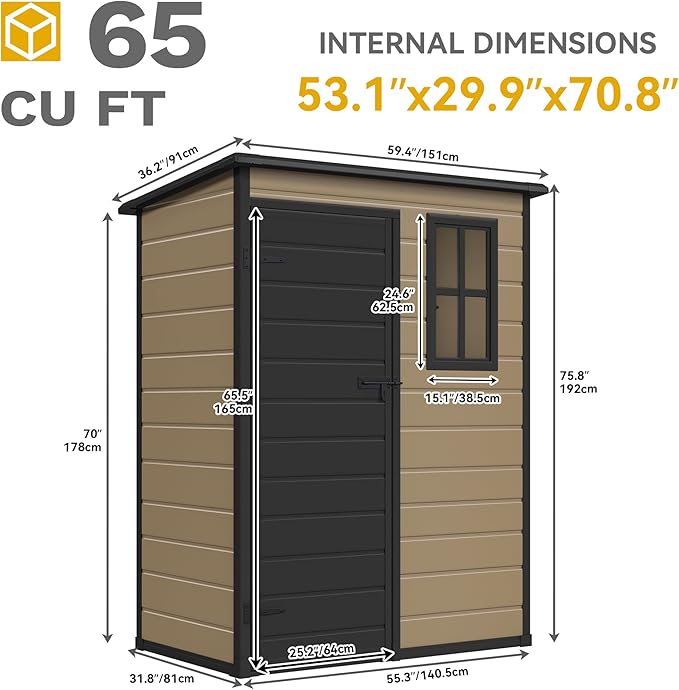 DWVO 5x3ft Resin Outdoor Storage Shed with Floor, Waterproof Lockable Storage Shed with Window, Plastic Outside Tool Storage for Garden, Backyard, Patio, Lawn, Brown