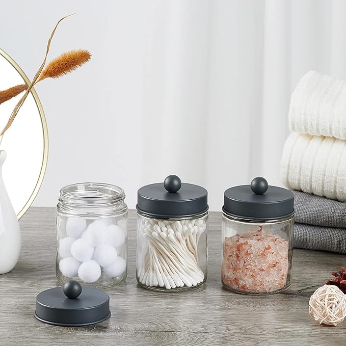 Amolliar Apothecary Jars Bathroom Storage Organizer - Cute Qtip Dispenser Holder Vanity Canister Jar Glass with Lid for Cotton Swabs,Rounds,Bath Salts,Makeup Sponges,Hair Accessories/Grey（2 Pack）