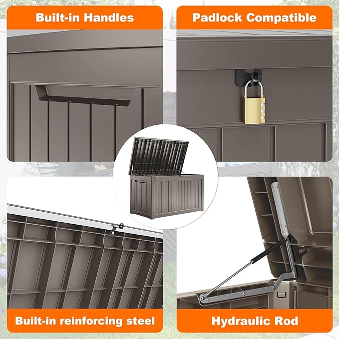 280 Gallon Outdoor Deck Box,Waterproof Resin Outdoor Storage Boxes, Outside Storage Lockable Container for Garden Tools,Indooor Cushions,Accessories (Grey)