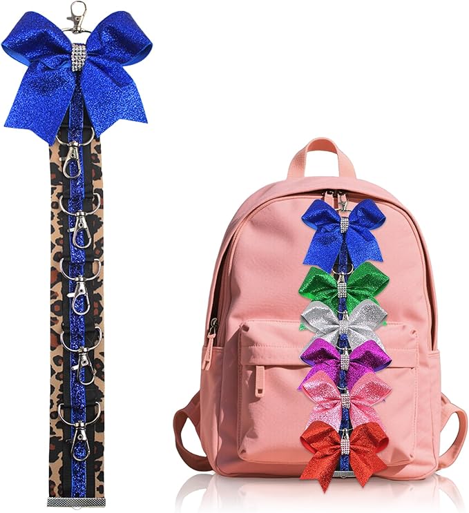ALIBBON Cheer Bow Holder Glitter Royal Blue Leopard Print Hair Bow Holder Cheer Keychain for Cheerleading Backpack Bag Cheerleader Gifts Sports Cheerleading Bows Storage Hanging Ribbon Chain 5 Clasps