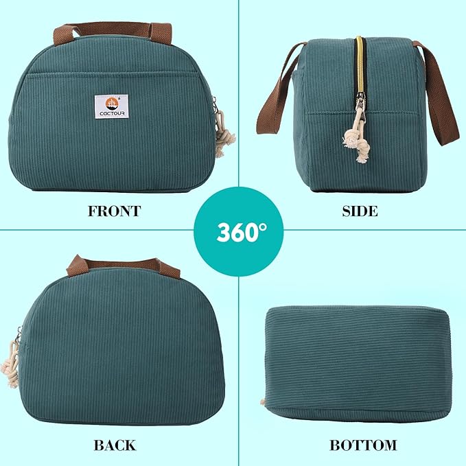 Lunch Box Lunch Bag for Women Girls Teens, Cute Lunch Box Cooler Bag, Portable Small Insulated LunchBox Reusable Corduroy Lunch Tote for Work/Travel/Picnic/School (Lake Green)