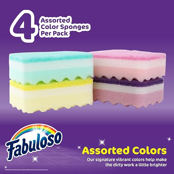 Fabuloso Sponges, Rainbow - Scratch-Free Scrubber for Dishes and Surfaces - Dishwashing Sponge for Bold and Bright Cleaning Experience, 4 Count - 2 Pack