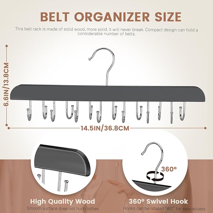 Solid Wood Belt Hanger, 14 Hooks Belt Organizer Space Saver for Closet, 360° Rotating Belt Holder Tie Rack for Men Women Dorm Bra Purse Scarf Tank Top Storage Accessories (Black)