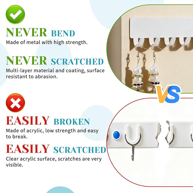 4 Pack Necklace Holder Wall Mount Metal Self-Adhesive Metal Wall Necklace Holder with 48 Hooks Total Space Saving White Hanging Jewelry Organizer Hanger for Necklaces, Pendant, Bracelets
