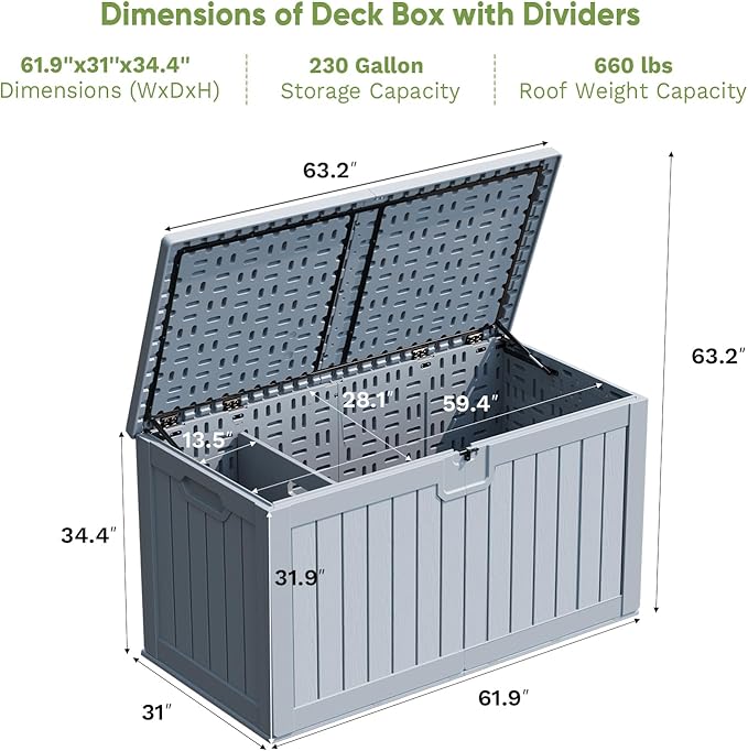 Patiowell 230 Gallon Large Deck Box, Outdoor Lockable Storage Box with Divider, Waterproof and UV-Resistant Deck Box for Patio Furniture and Garden Tools, Grey