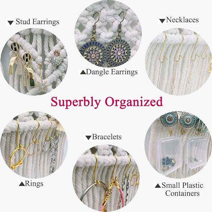 Macrame Jewelry Holder - Wall Hanging Organizer for Necklaces, Earrings, Rings & Bracelets - Cotton Thread