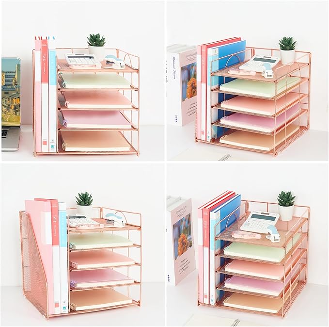 Desk Organizers and Accessories, 5-Tier Paper Letter Tray Organizer with File Holder, Desktop Organizer for Office Supplies (Rose Gold)