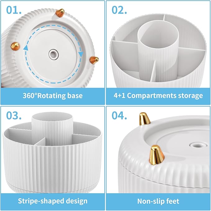 Marbrasse Desk Organizer, 360-Degree Rotating Pen Holder, Desk Organizers and Accessories with 5 Compartments Pencil Holder, Art Supply Storage Box Caddy for Office, Home（White）