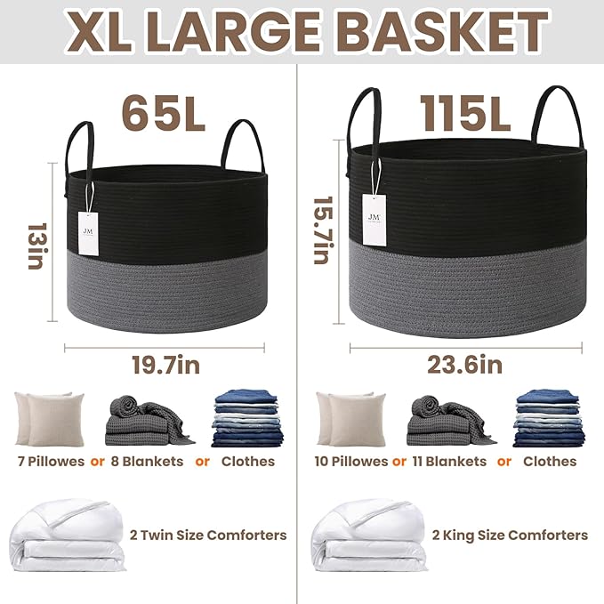 115L Extra Large Blanket Basket for Living Room - Woven Cotton Rope Laundry Hamper with Reinforced Handles - Storage Bin for Pillows, Comforters & Toys - Machine Washable, Black&Grey