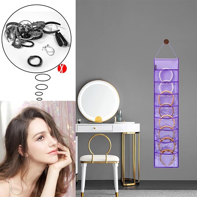 Wall Hanging Headband Organizer Ribbon Hair Hoops Storage Hairbands Hair Accessory Holder with Clear Pockets (PURPLE-8 POCKETS)