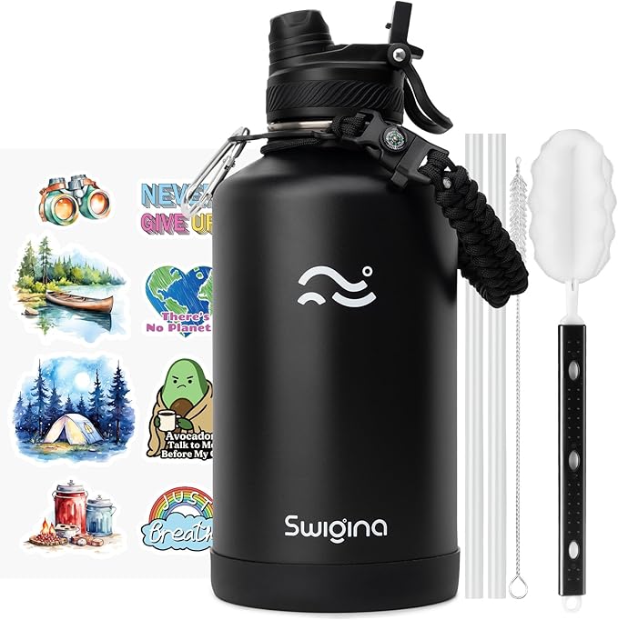 [2-IN-1 LID] 64 oz Insulated Water Bottle with Silicone Boot (48hrs Cold/24hrs Hot) - DIY Stickers, Leakproof, BPA Free, Half Gallon