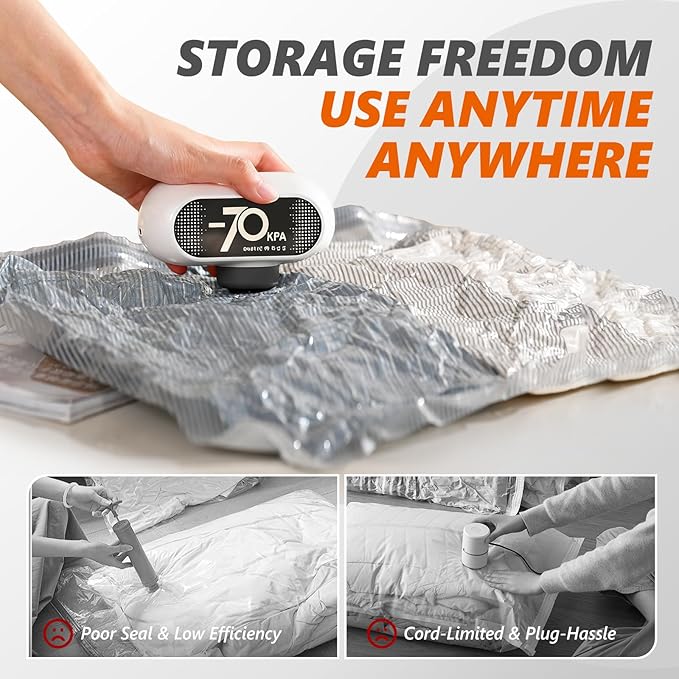 15 Pack Vacuum Seal Bags for Clothing Travel with -70KPa Electric Pump, Space Saver Storage, Reusable Vacuum Bags with Pump, Heavy Duty for Travel, White