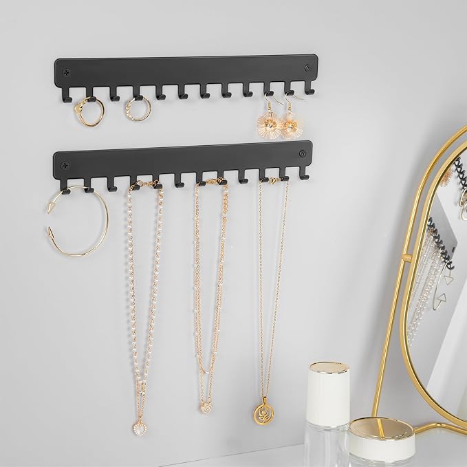 Drill-In Necklace Organizer: Sturdy Necklace Holder Wall Mounted with Hooks for Tangle-Free Jewelry Storage – Space-Saving Wall Necklace Hanger, Black, 2 PCS