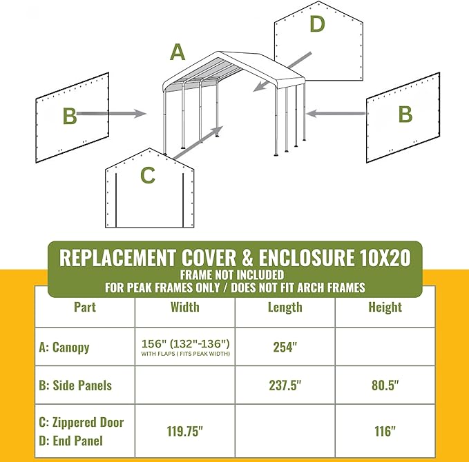 10x20 ft Carport Replacement Canopy Cover with Enclosure Kit - Heavy-Duty Waterproof Tarp with UV Protection, Easy Install Canopy Shelter Top with Sidewalls (Frame NOT Included)