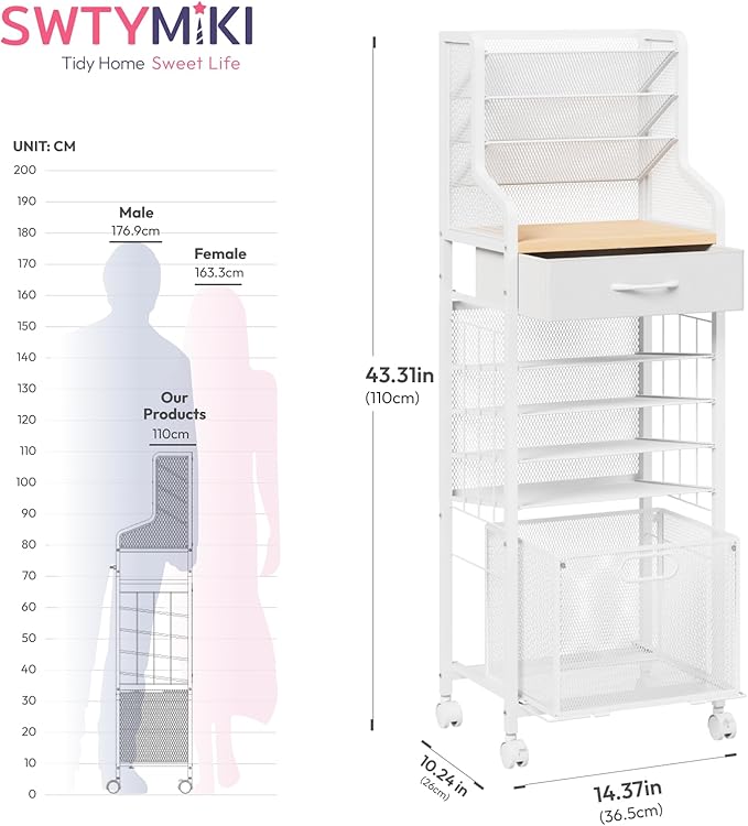 SWTYMIKI 10-Tier Rolling File Cart - Mesh Paper Organizer with Drawer and Hanging File Folders on Lockable Wheels, Rolling File Cabinet for Office Organization, Storage in Home, Studio, School, White