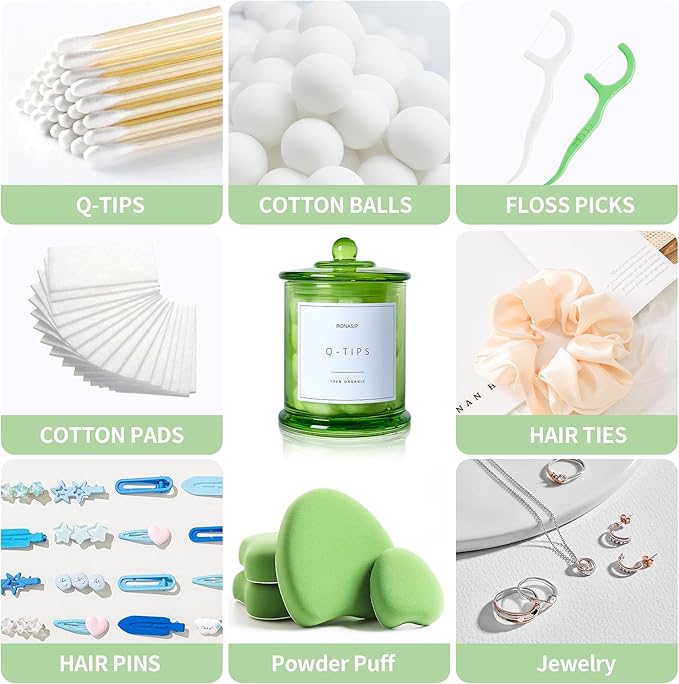 3 Pack Green Qtip Holder Dispenser, 16oz Bathroom Organizer and Storage Canisters, Glass Apothecary Jars with Lid - Home Decor, Room Decor Aesthetic