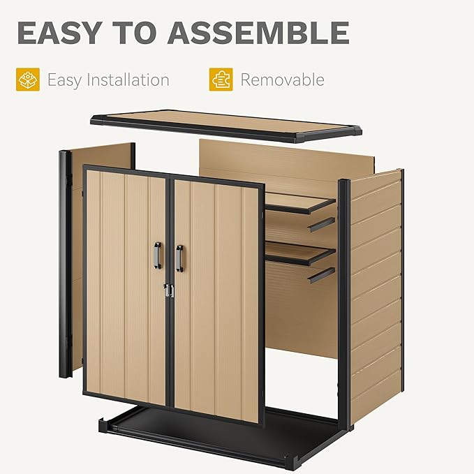 DWVO 54 cuft Outdoor Storage Shed with 2 Shelves, 4.2x2.6x5ft Vertical Tool Shed with Floor & Lockable Doors, Sturdy Double-Wall Plastic Cabinet for Garbage Cans and Garden Equipment (Brown)