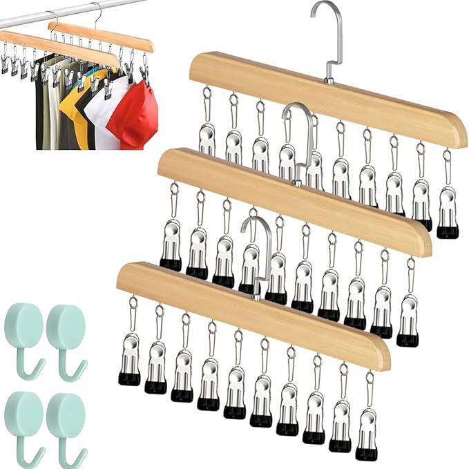 Closet Organizer with 10 Clips - Space Saving Hanging Closet Organizer, Legging Organizer for Closet Hanging, 360° Rotating Metal Clips with Silicone Lining for Hat Sock Clothes (3 Sets-B)