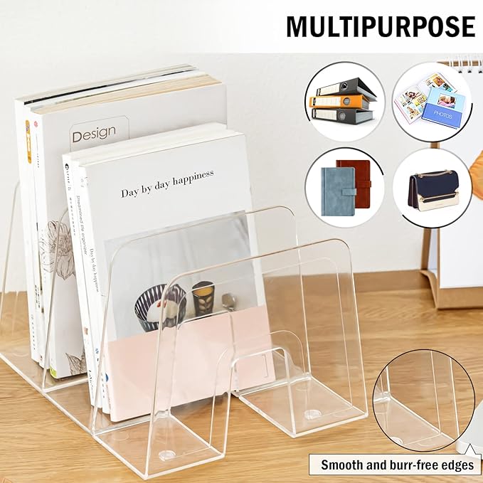 Clear Desktop Book Organizer, Creative Book Stand, Divider Bookshelf for Home School and Office, Non-Acrylic Stand Bookshelves (3 Sections), Transparent, Pack of 2