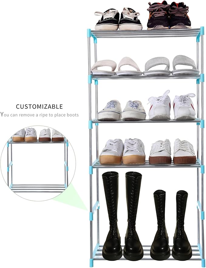 Stackable Small Shoe Rack, Entryway, Hallway and Closet Space Saving Storage and Organization (4-Tier, Blue)