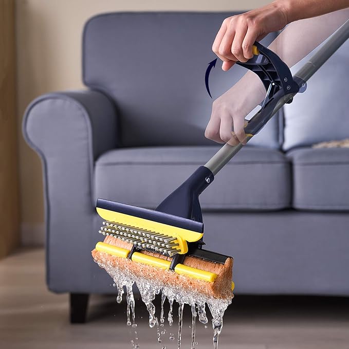 Yocada Sponge Mop Home Commercial Use Tile Floor Bathroom Garage Cleaning Total 2 Sponge Heads NOT 3 Telescopic Handle Squeegee from 42.5 to 52 Inches Easily Dry Wringing only 2 Heads