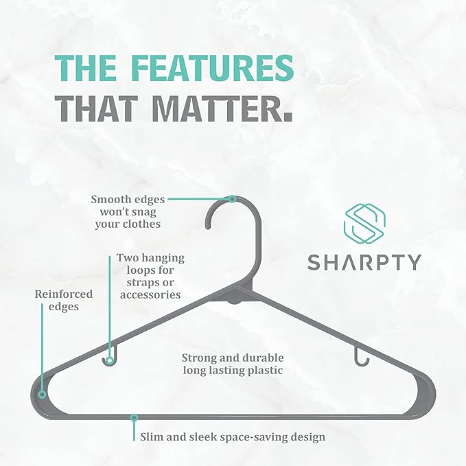 Sharpty Plastic Hangers Clothes Hangers for Clothing, Closet, Coats & Shirts - Durable & Space Saving - for Everyday Standard Use, Room Essentials & Basics - 60 Pack - Grey