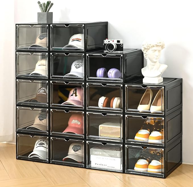 Hat Organizer Box,Stackable Clear Baseball Caps Holder Box Containers with Magnetic Door for Hats Snapback Cap Storage,Clear Hat Storage with Magnetic Door, Holds 60 Hats(black clear, 6 pack)