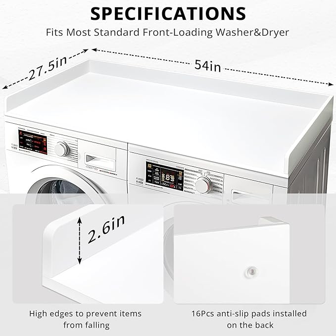 Washer Dryer Countertop, 27.5" x 54" Bamboo Washer and Dryer Countertop for Laundry Room Organization(White)