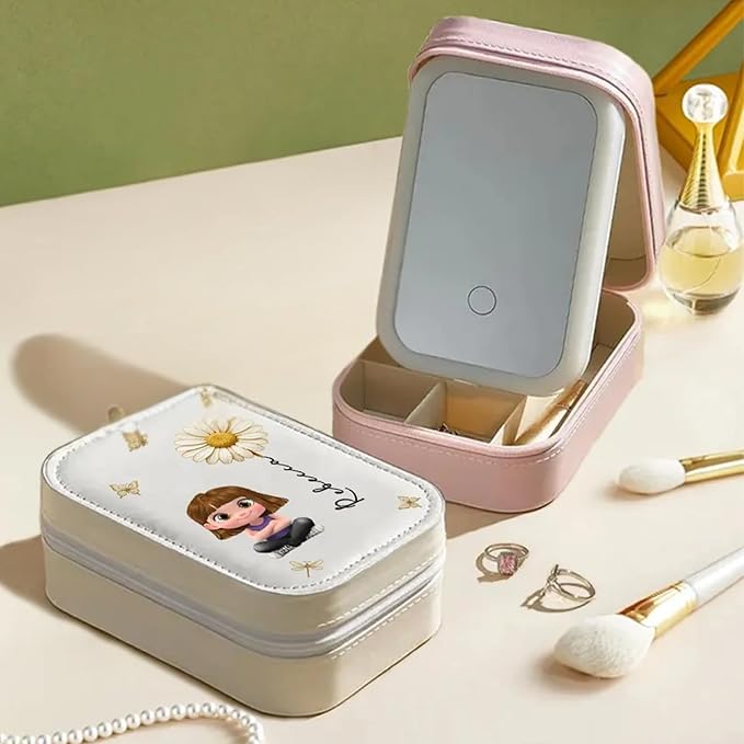 Birth Flower Personalized Jewelry Box with LED Mirror, Cute Cartoon Girl Mirror Jewelry Box, Custom Travel Mirror Jewelry Organizer for Girl Bestie Sister, Birthday Gifts for Girls, Best Friends