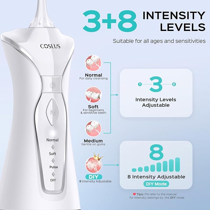 COSLUS Water Dental Flosser Pick for Teeth C30(FC5360): 4 Modes Cordless Portable 300ML Larger Tank Water Teeth Cleaner IPX7 Waterproof Flossing Cleaning Picks for Home Travel White