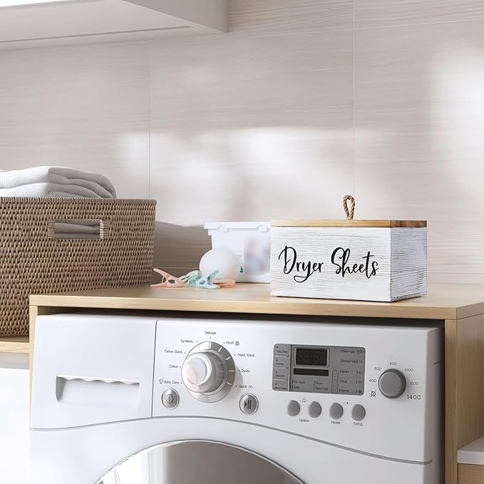 Bivvclaz Dryer Sheet Holder, White Washed Wood Laundry Sheets Container, Laundry Room Organization and Storage for Farmhouse Laundry Room Decor and Accessories, Fabric Sheet Holder