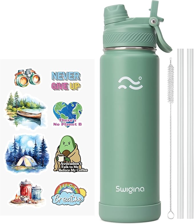 [2-IN-1 LID] Insulated Water Bottle with Silicone Boot (36hrs Cold/18hrs Hot) - DIY Stickers, Leakproof, BPA Free, 24 oz