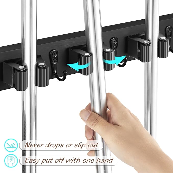 2 Pack Black Mop Broom Holder Wall Mount - Wood Broom Mop Hanger - Wall Mounted Garden Tool Rack Organizer for Closet Garage Laundry Room, 4 Slots & 4 Hooks