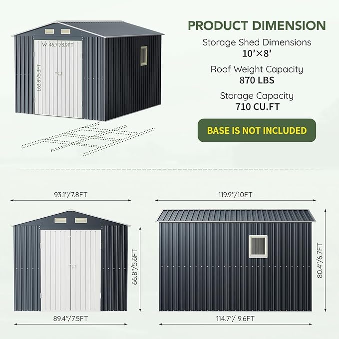 Breezz 10X8FT Outdoor Steel Storage Shed with Clear Window, Lockable Doors, Weather-Resistant Metal Tool Shed for Garden, Backyard, Patio, and Utility Storage
