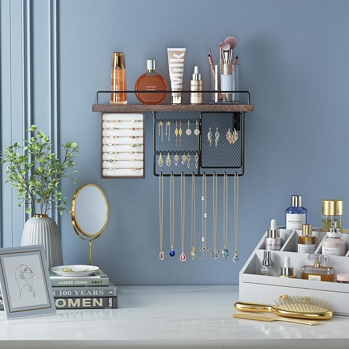 Lolalet Wall Mounted Hanging Jewelry Organizer with Wood Shelf, Wall Jewelry Holder with Hooks for Ring Earring Bracelets Necklaces Display -Brown