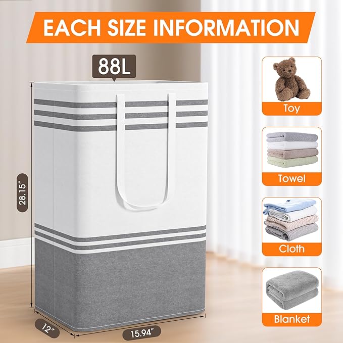 4 Pack Large Laundry Baskets, Laundry Hampers, Freestanding Waterproof Collapsible Clothes Bag with Extended & Reinforced Handles - Clothes Basket for Dorm, Bathroom, Home (88L)