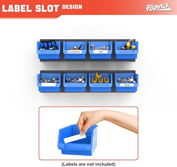 TORACK Wall-Mounted Storage Bins - 8 Plastic Bins & 2 Metal Tracks for Tools Organization in Garage, Craft Room, and Shop(Blue)