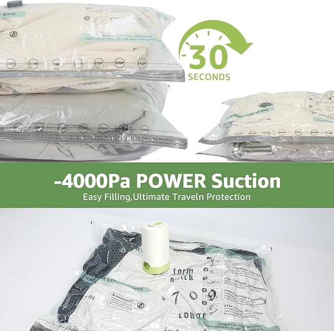 Vacuum Bags for Travel with Rechargeable air Pump, 9 Packs of 3 Sizes Vacuum Seal Bags for Clothing (9 Combo Set)