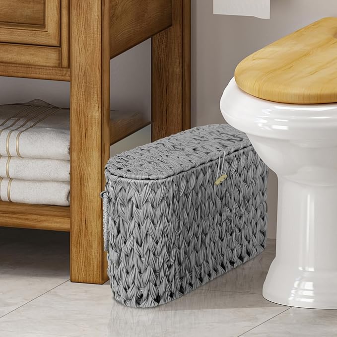 Toilet Paper Storage Basket with Lid,Wicker Toilet Paper Holder Stand,Narrow Decorative Woven Bathroom Basket Organizer,Free Standing Grey