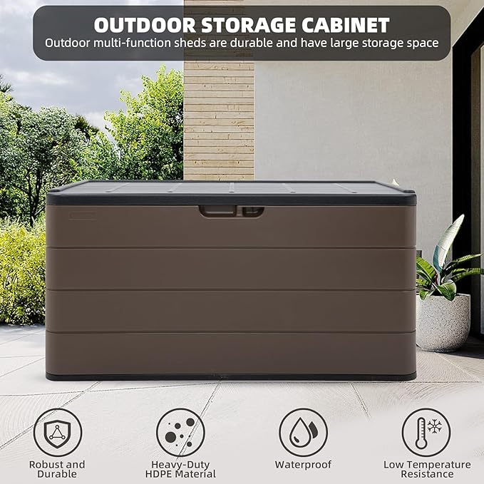 Outdoor Storage Deck Box Waterproof, 100 Gal Pro Large Lockable Patio Storage Bin Chest, Resin Outside Container Seat Bench for Furniture Cushions, Pool Accessories, Garden Tools & Delivery, Brown