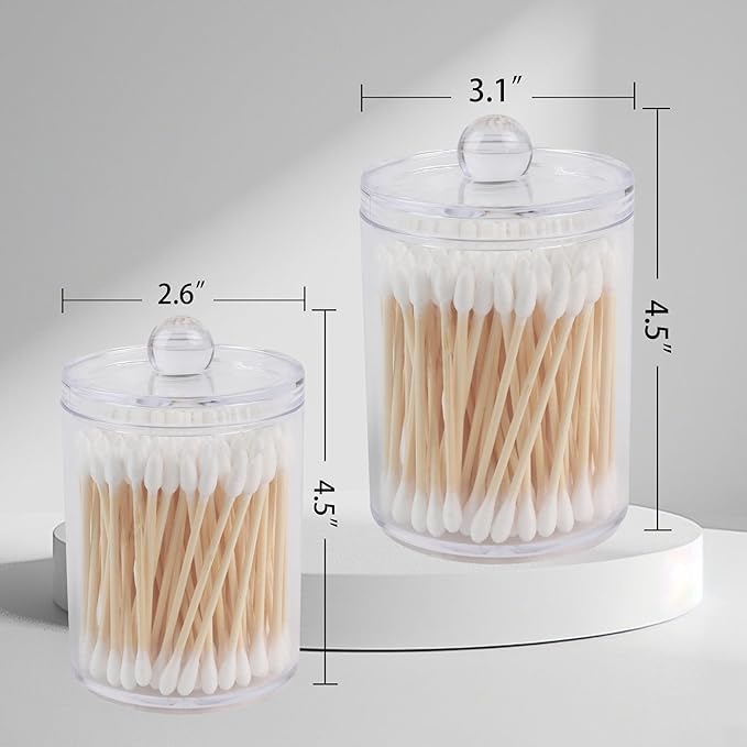 4 Pack Acrylic Qtip Holder Dispenser,Canisters Apothecary Jar Set, Vanity Makeup Bathroom Organizers and Storage Set, 10 and 12 oz