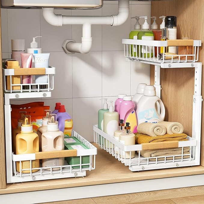 PXRACK Under Sink Organizer, Adjustable Height, 2-Pack 2 Tier Pull Out Under Cabinet Organizer, Slide Out Thickened Metal Under Sink Storage for Kitchen Bathroom Laundry Pantry Cabinet, S, White