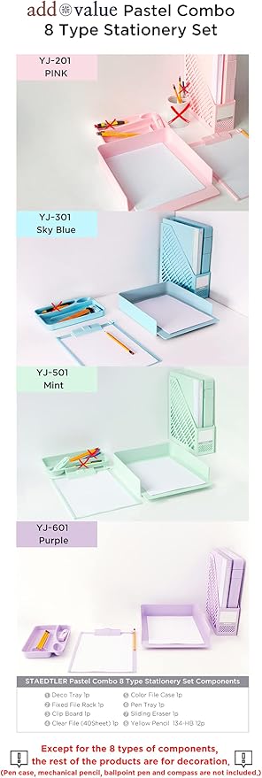 Pastel Desk Organizer Blue Set - 8-in-1 Multi-Functional Office Supply Organizer in 4 Colors | Includes File Holders, Trays, Pen Holders, and More