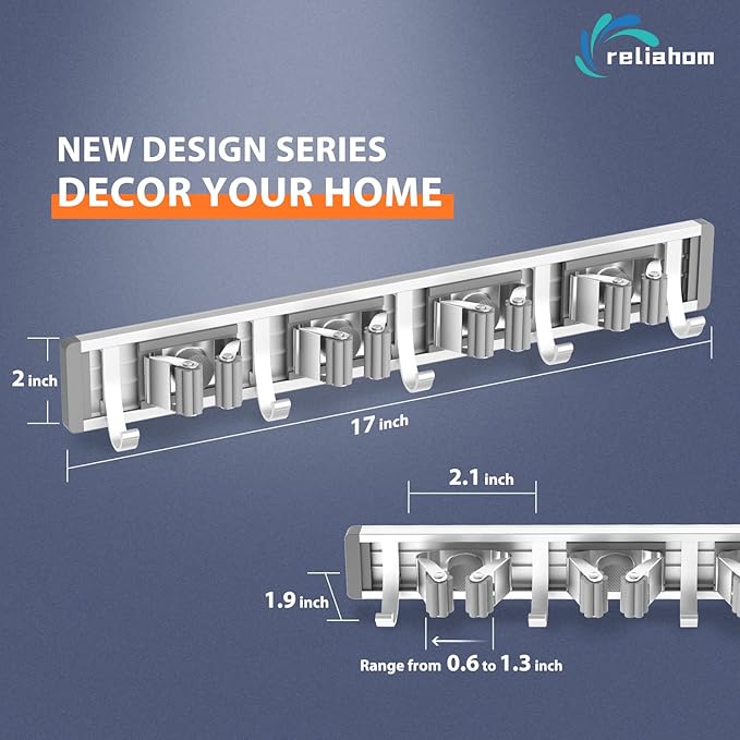 reliahom Broom Holder Wall Mount, 4 Racks with 5 Hooks Silver - Mop Storage Tool Racks, Broom Hanger Tool Organizer for Garage, Kitchen, Garden, Laundry Room