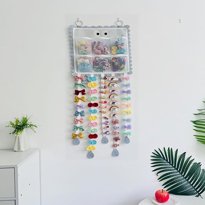Hanging Hair Clip Organizer with Pockets for Hair Ties, Hair Bow Holder for Girls Barrettes, Scrunchies – Cute Hair Accessories Organizer for Kids & Toddlers（Gray