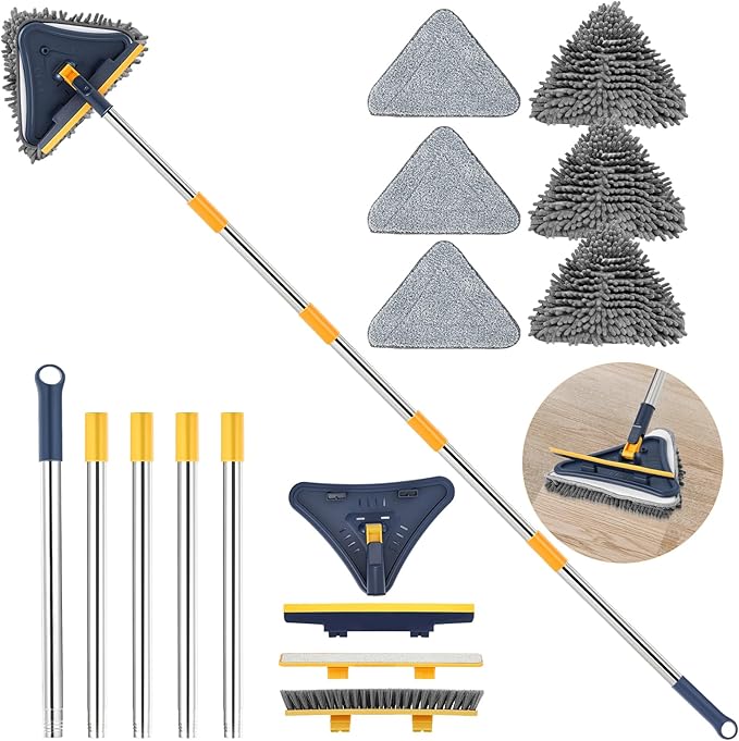 5 in 1 Wall Cleaner Mop, 78 Inch Base Board Cleaner Tool with Long Handle, 360° Wall Washing Tool for Ceiling, Floor and Window Cleaning with 3 Microfiber & 3 Chenille Pads