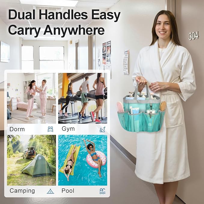F-color Mesh Shower Caddy Portable - 2 Handles Upgrade Deeper 7 Pockets Basket Bag Tote for College Dorm Room Toiletry Bathroom Essentials Gym Camp Quick Dry with S Hook, 2 Pack Mint Green