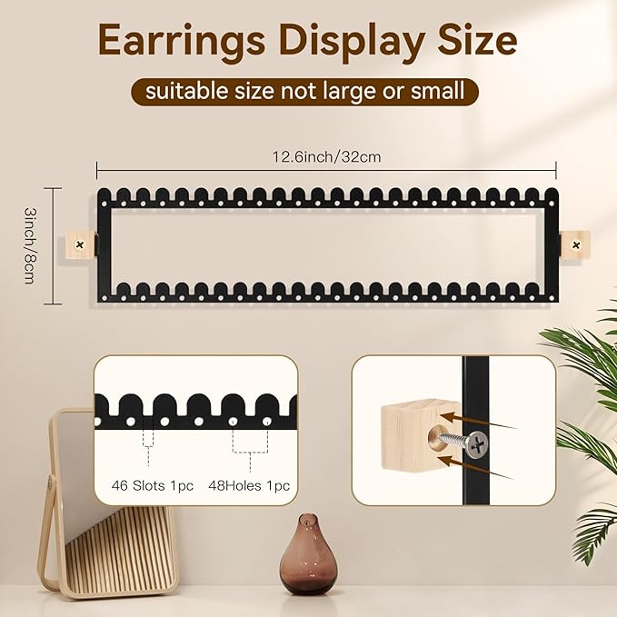 2 Tier Earring Holder Organizer Wall Mounted,2PCS Metal Earring Display Storage with 96 Holes and 92 Grooves Hanging Jewelry Organizer Tree for Stud/Hoop/Dangle Earrings Necklace(Black)