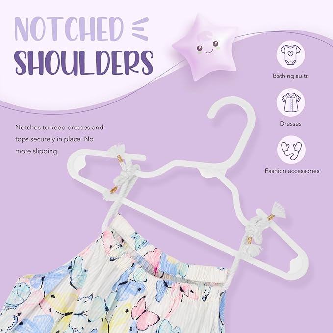 HOUSE DAY Plastic Baby Hangers for Closet 20 Pack, Durable Plastic Kids Hangers for Baby Clothes, Thin & Compact Childrens Hangers, Space Saving White Baby Hanger, Small Hanger for Kids Clothes